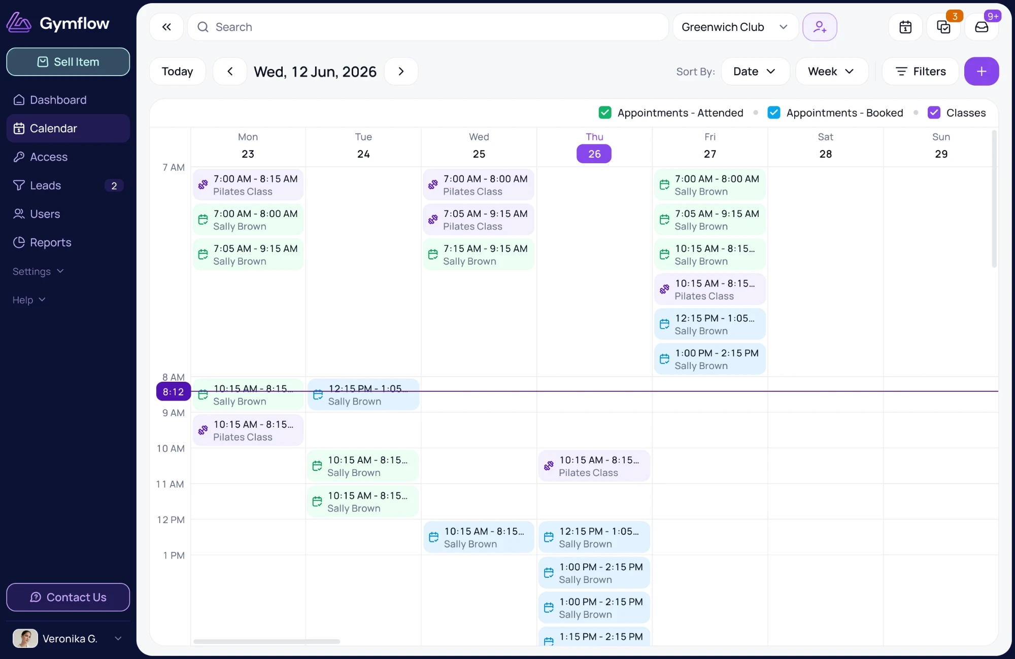 Gymflow week calendar showing Pilates classes and appointments across the week