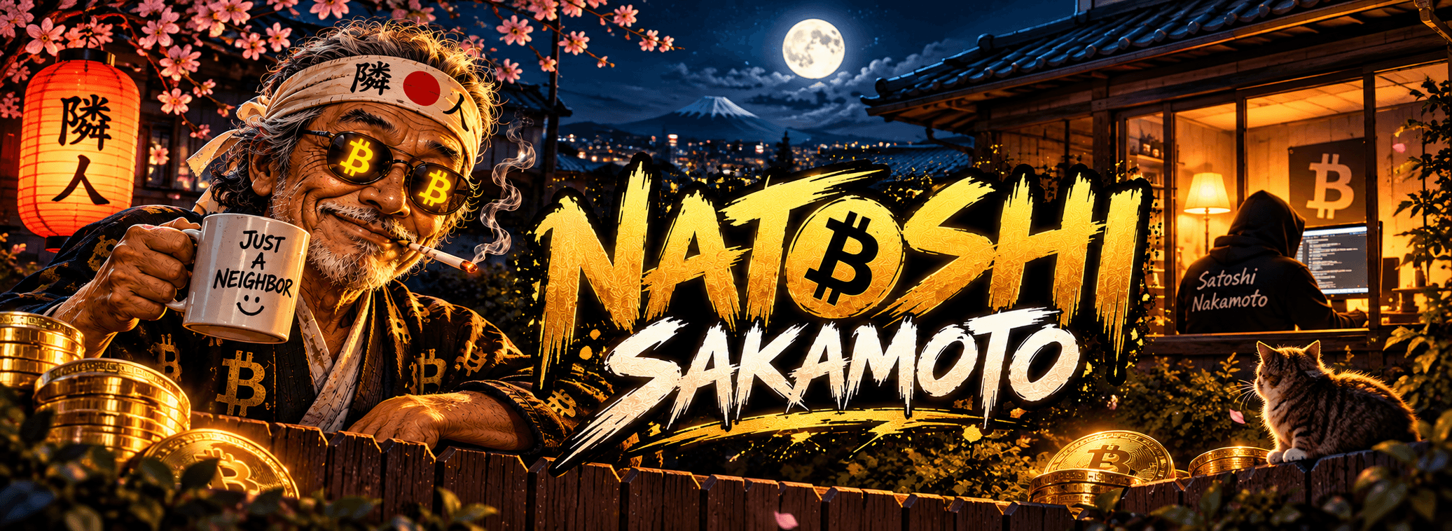 Natoshi Sakamoto banner — the neighbor, gold Bitcoins and Satoshi at his computer next door