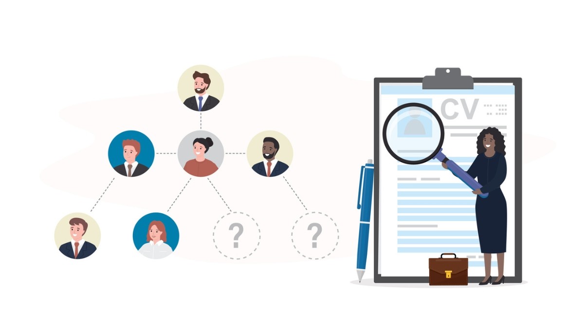 Illustration of two people adjusting interlocking gears within a circular arrow loop, surrounded by charts and checklists.