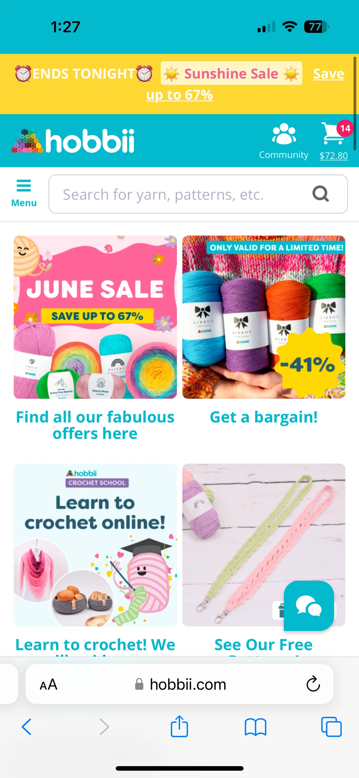 Mobile app screen showing the Hobbii interface with a search bar for yarn and patterns, promotional banners for a June Sale, and options for learning to crochet online.