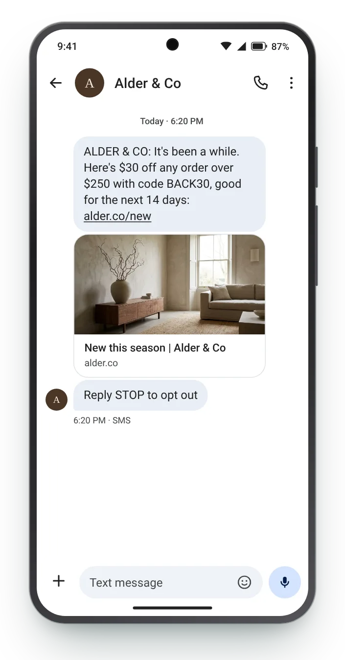 A code with a spending floor SMS win-back text on an Android phone