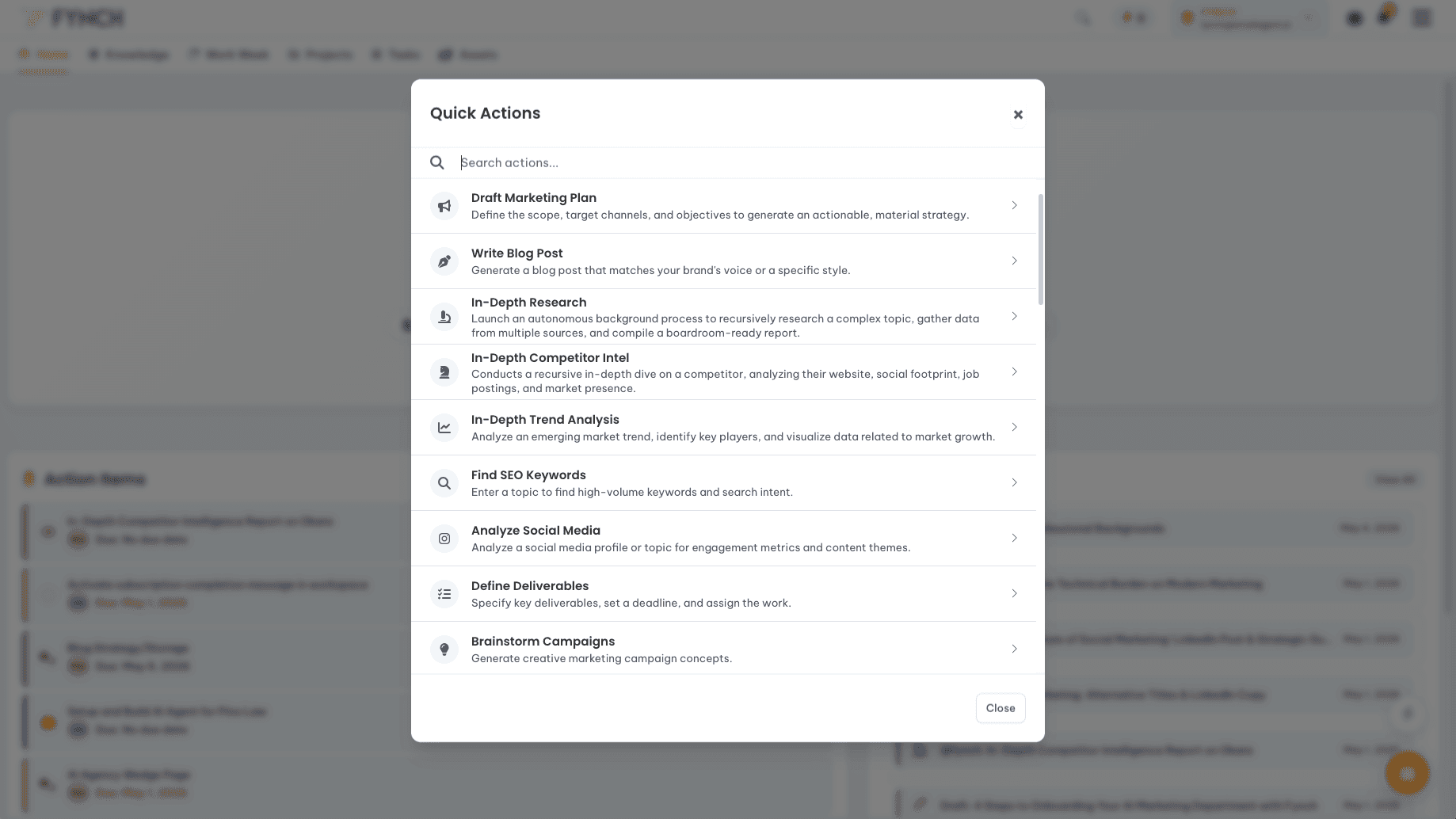 Screenshot of Quick Actions inside the FynchAI Workspace