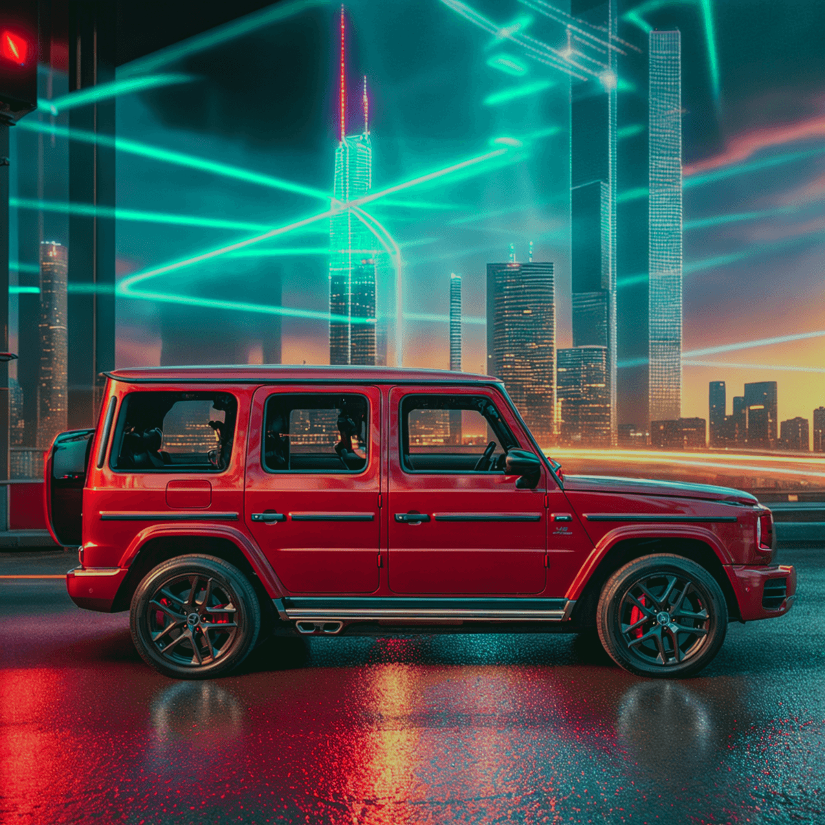 SUV on a road in a city at night. Generated with Fuzer.