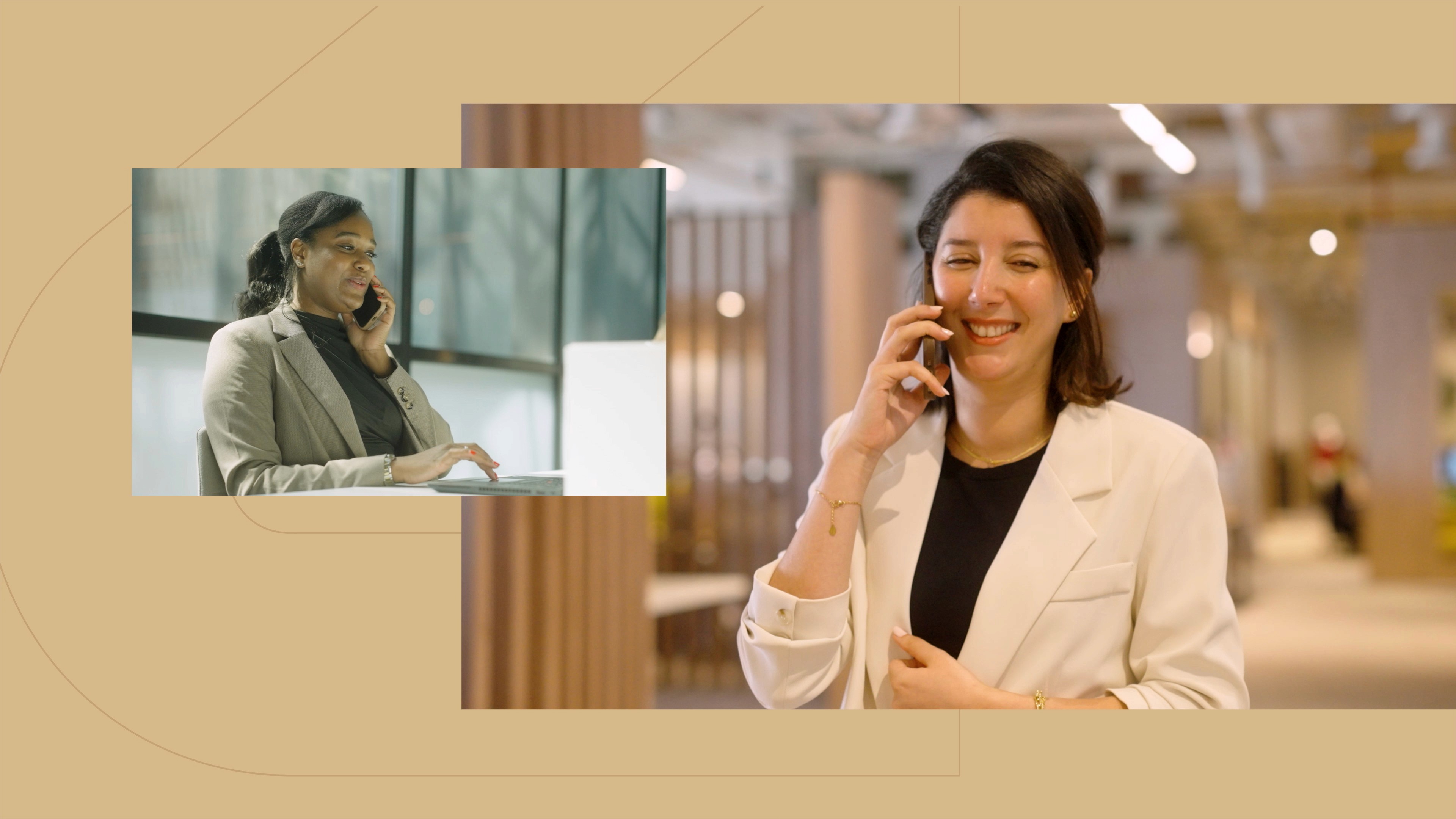 Mixed media illustration of two women having a phonecall