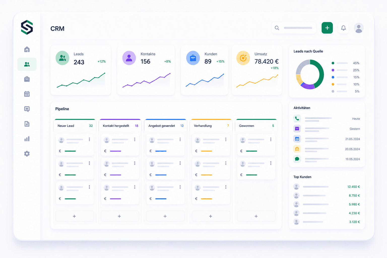 Business dashboard showing revenue, deals, customer list, growth chart, and new activity. 