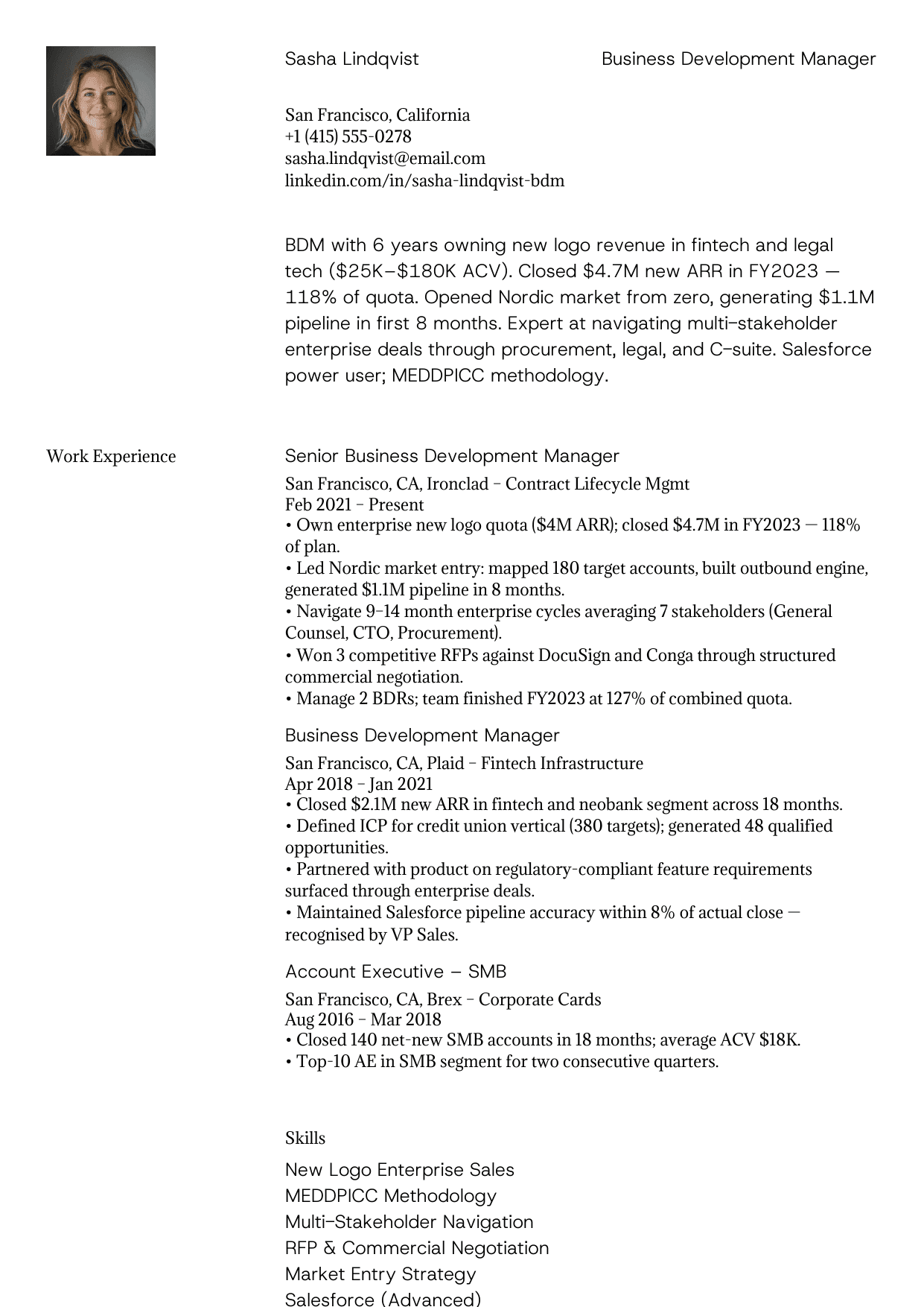 Mid-level business development manager resume example