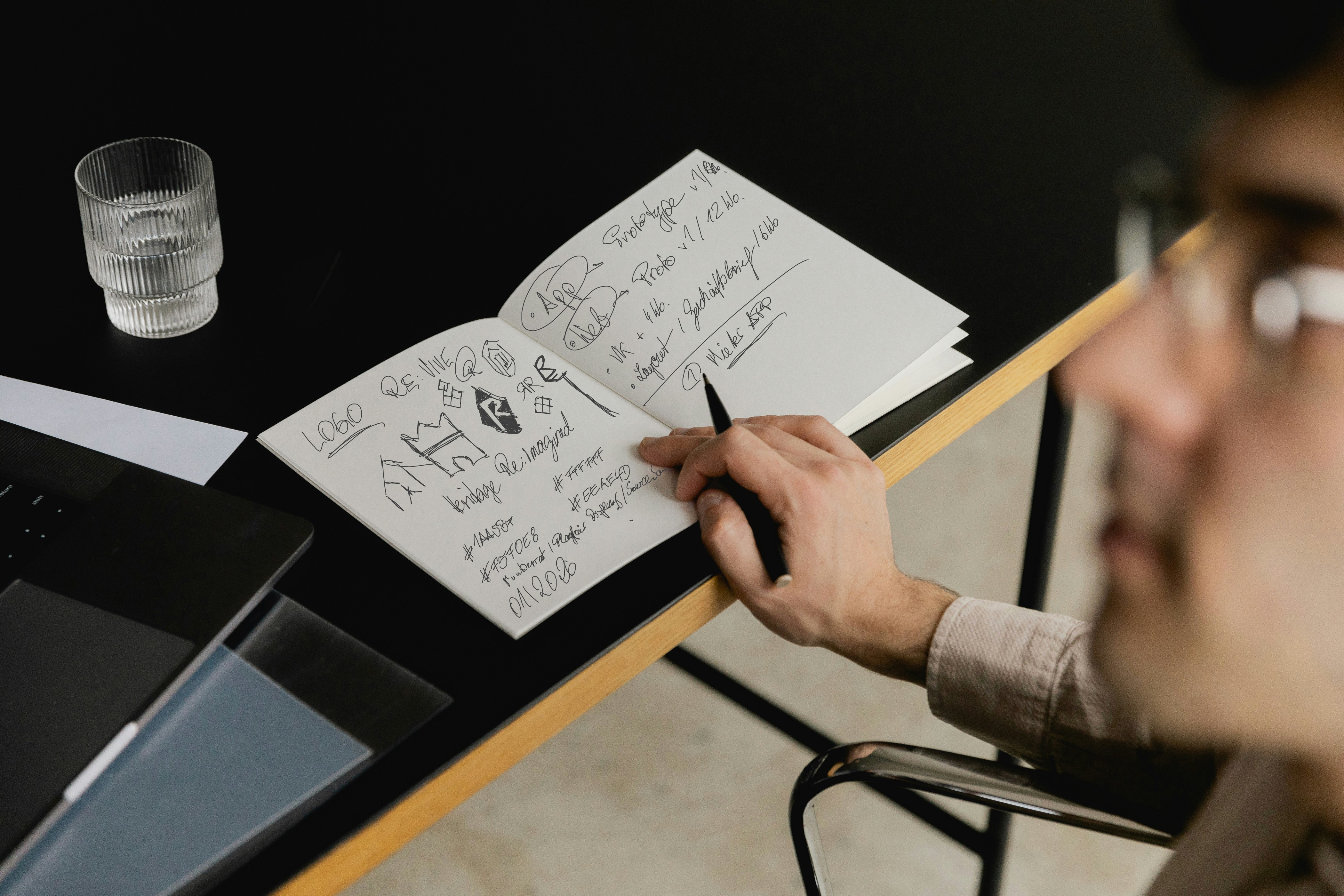 Handgeschriebene Skizzen und Notizen in einem Arbeitsbuch dokumentieren frühe Konzeptideen, Markenansätze und strategische Überlegungen zur Re:imagined-Vision von RE:VIVE Estates.