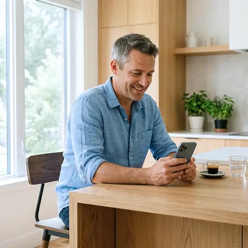 A man sitting at a wooden kitchen table smiling at his smartphone, illustrating how Whisprice helps users time their gift purchases perfectly to get the best price.