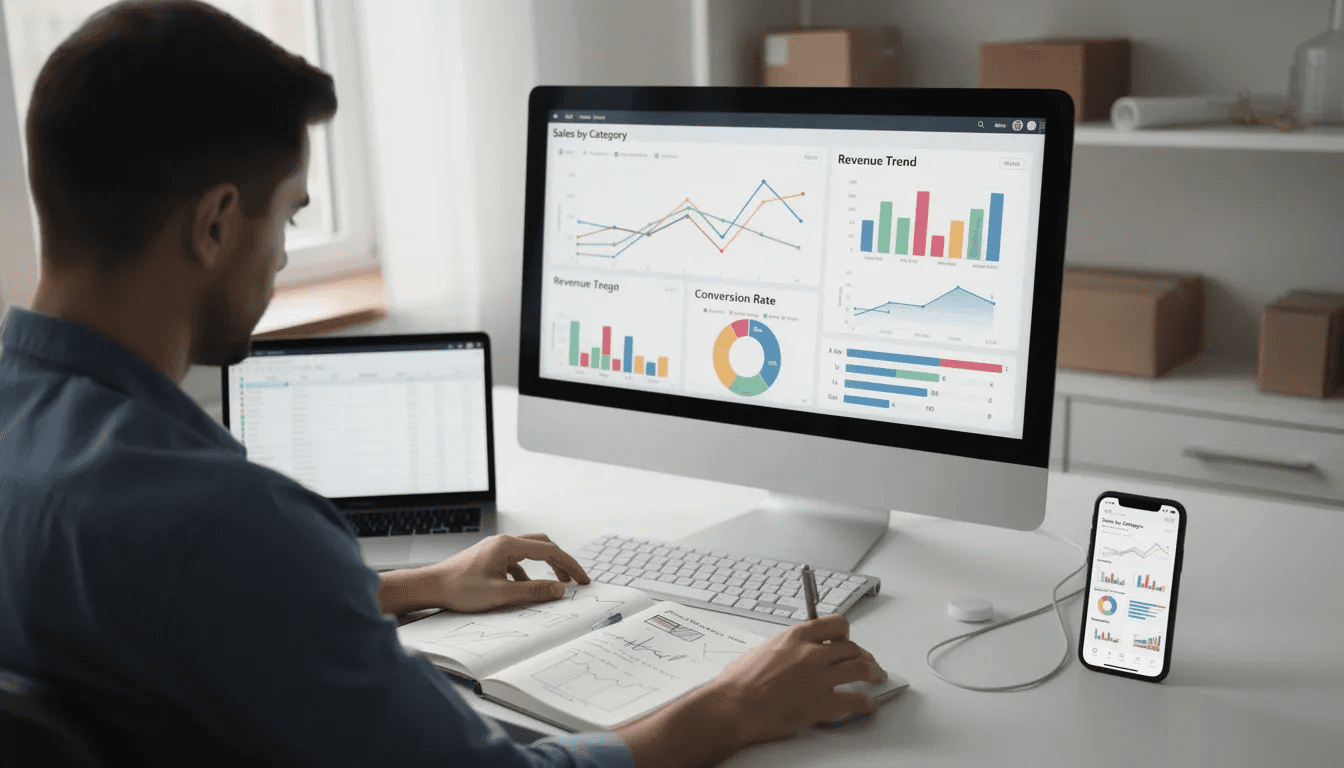 A person is focused on analyzing ecommerce data displayed on a computer screen, which features various charts and graphs illustrating key metrics like conversion rates and average order values. The analysis aims to enhance conversion rate optimization for ecommerce businesses, helping to improve customer experiences and boost conversions.