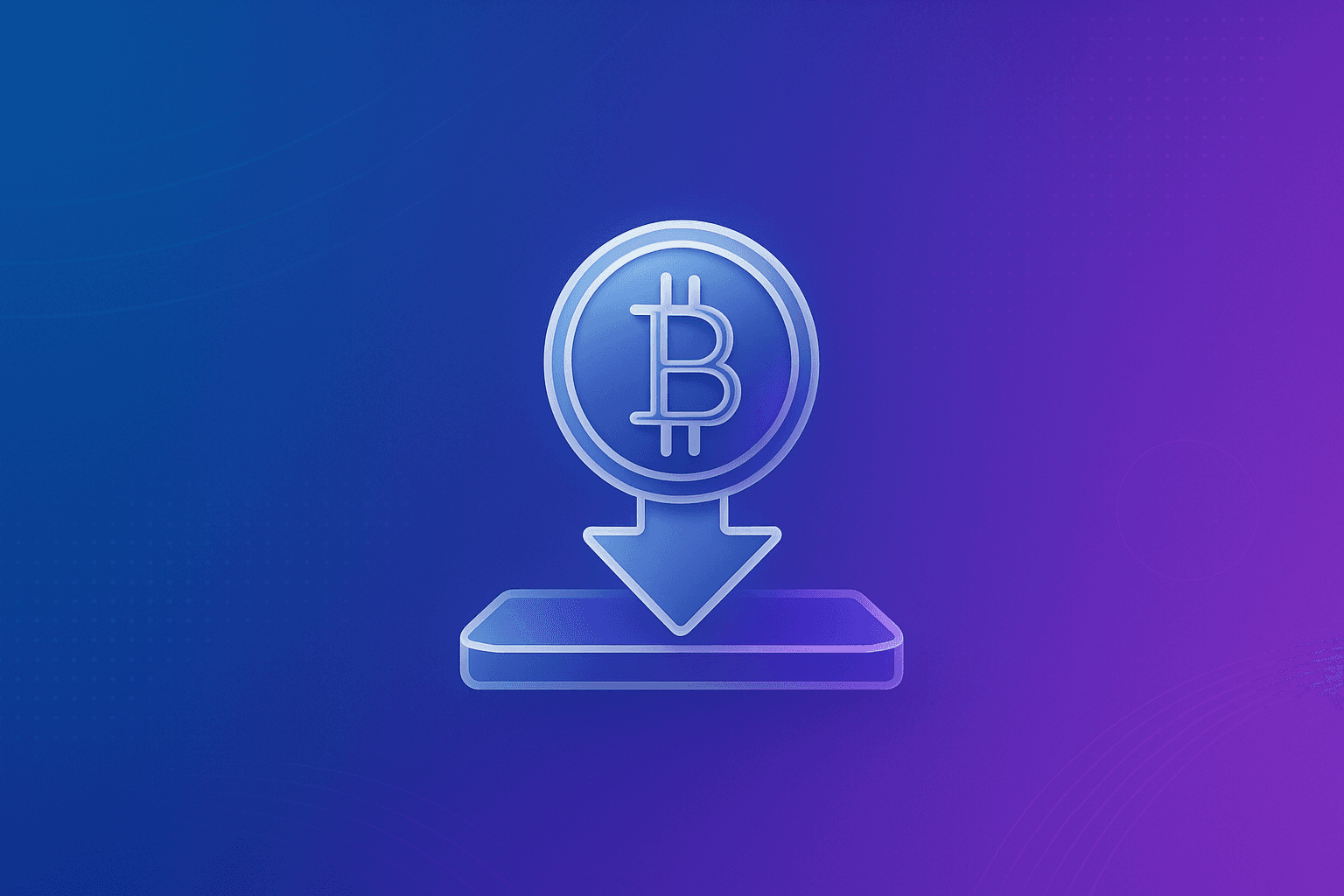 Bitcoin deposit icon with a downward arrow on a blue and purple gradient background. Premium fintech design.