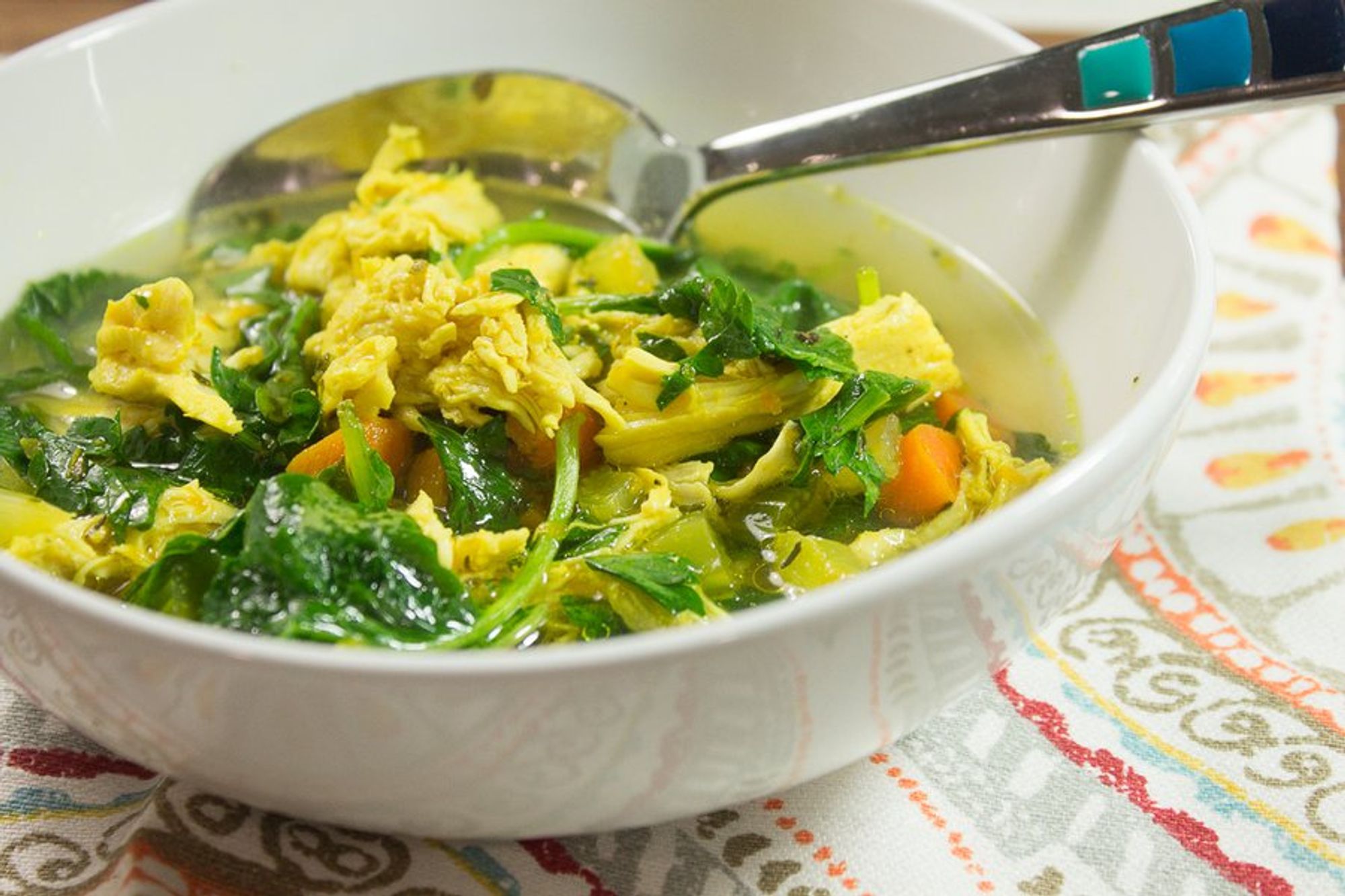 turmeric chicken soup served in a bowl