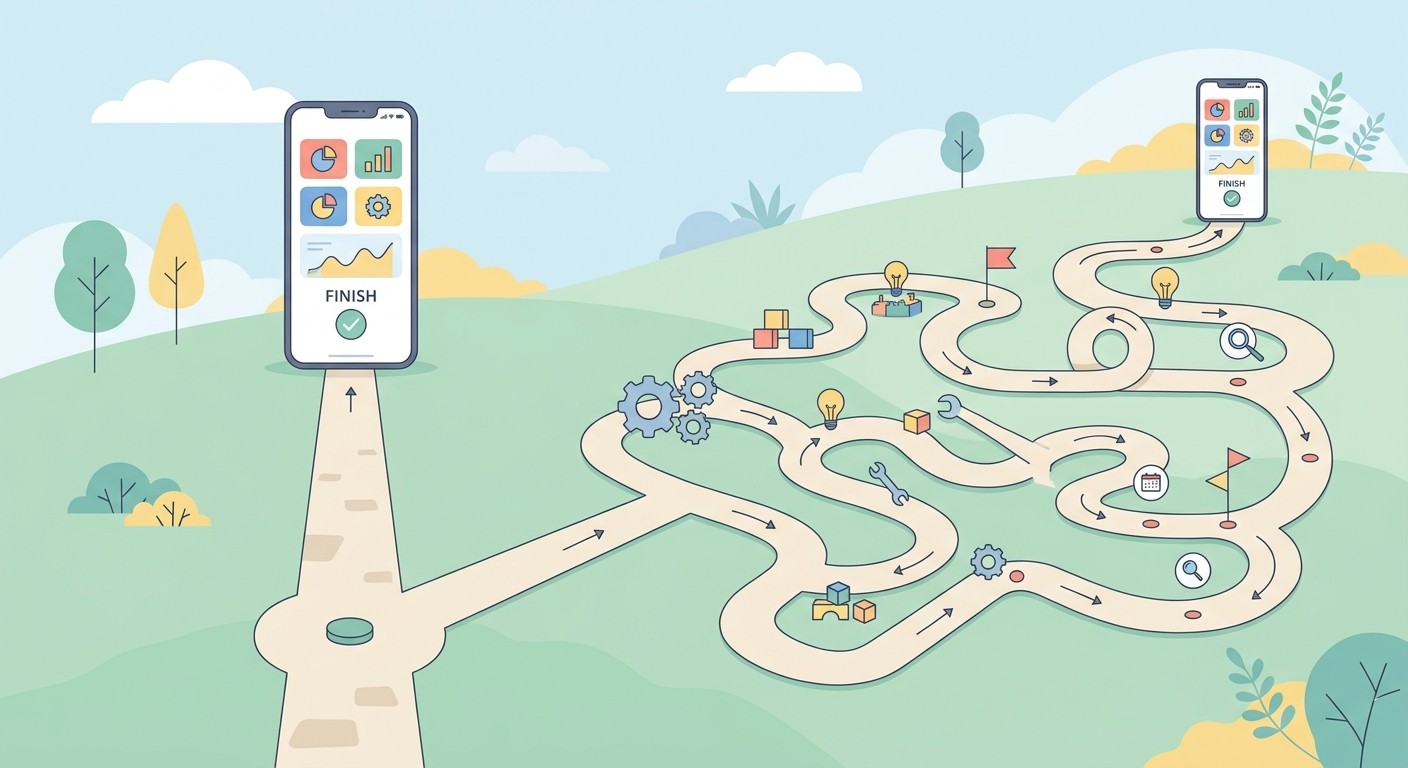 Illustration of two development paths, one short and direct, the other long and winding with many steps