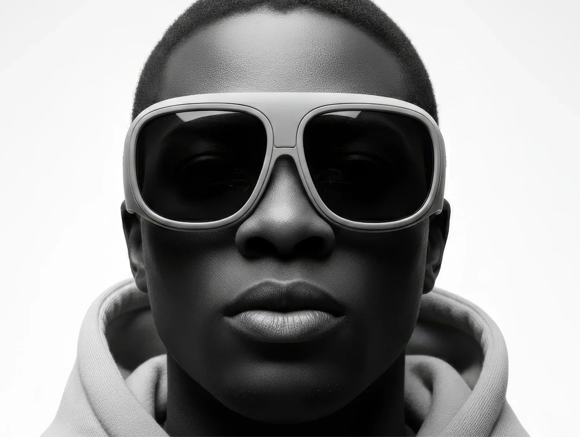 Front-facing portrait of a model wearing Eiiido smart glasses against a clean studio background.