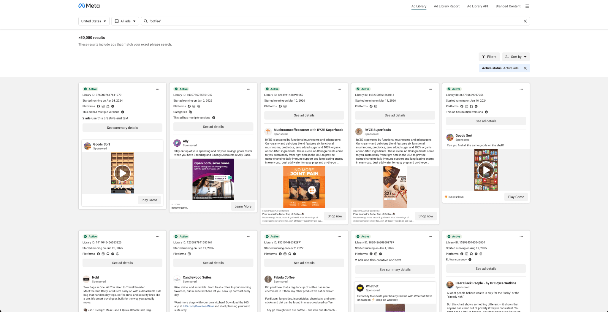Screenshot of meta library with ads