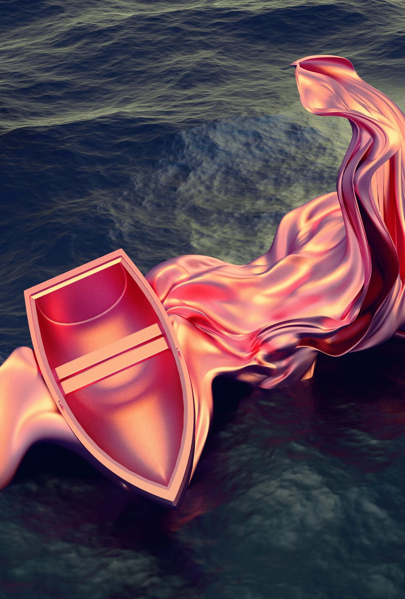 A 3D scene of a chrome pink boat stuck on an abstract flowing shape. Both shapes are hovering over deep blue waters.