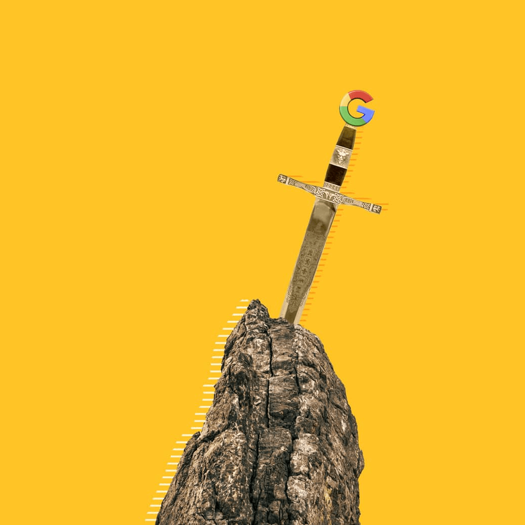 Espada incrustada en una roca con logo de tecnología sobre fondo amarillo.