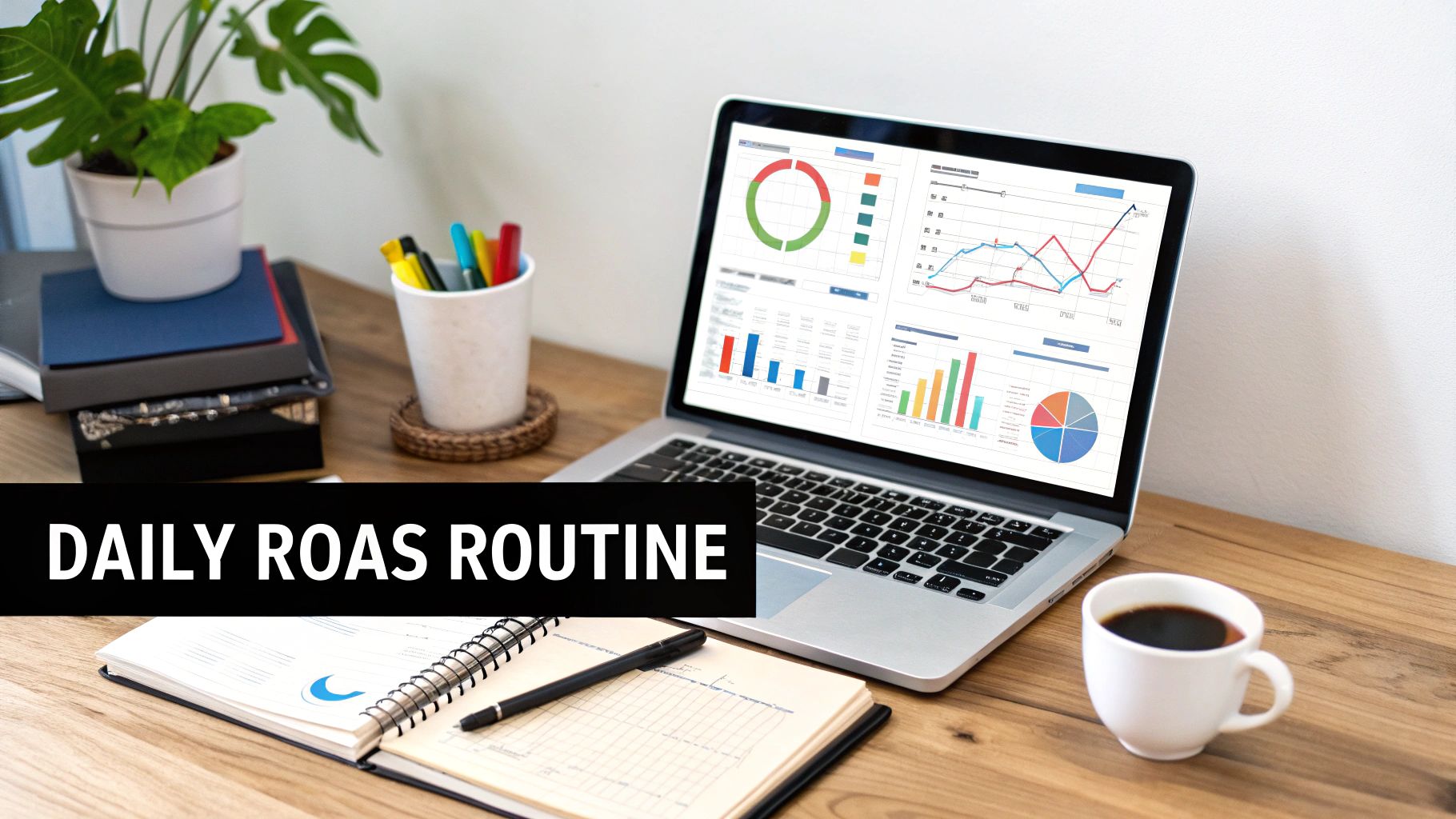 A laptop displaying ROAS metrics, a notebook, and coffee on a wooden desk, with 'DAILY ROAS ROUTINE' text.