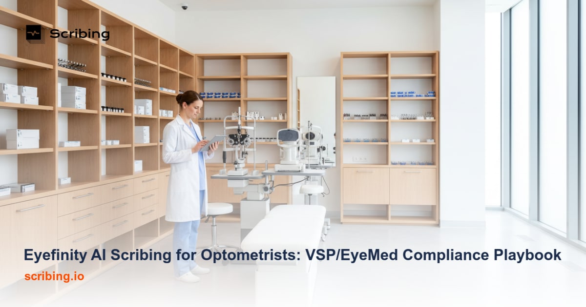 Optometry exam room with AI scribing technology integrating Eyefinity clinical data for VSP and EyeMed compliance