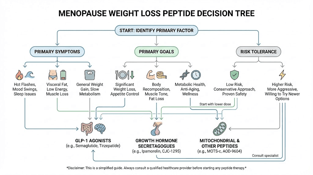 Decision flowchart for choosing the right peptide for menopause weight loss