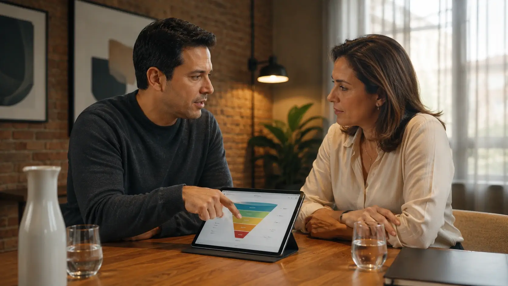 Consultor mostra funil de vendas em tablet para empresária durante consultoria de implantação de CRM