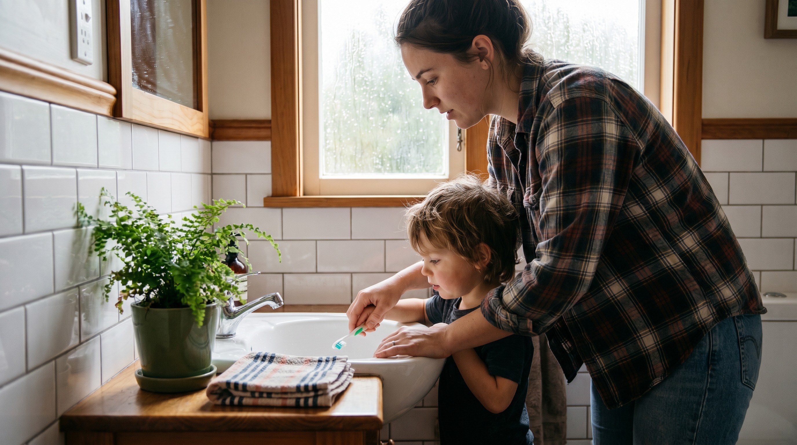 Mother helping her young child practice gentle brushing technique at a sunlit bathroom sink in the morning