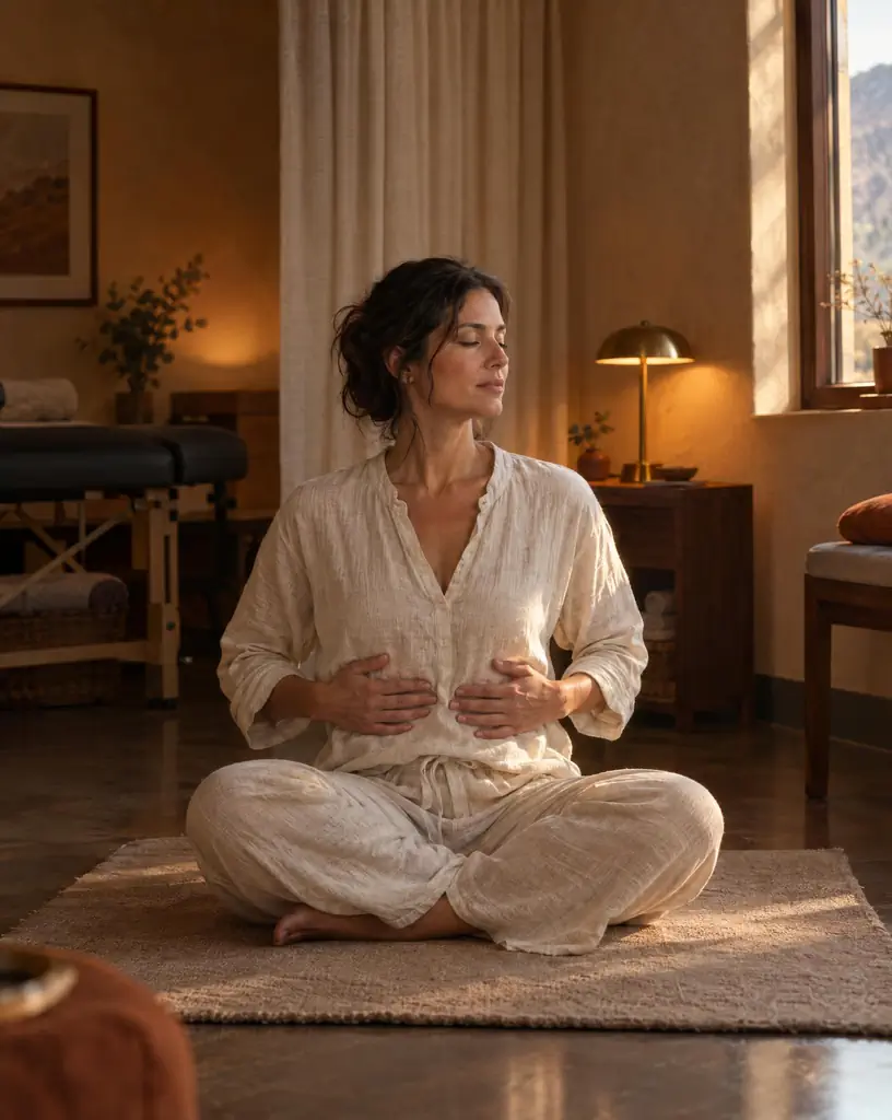 Woman seated cross-legged on a wool mat, breathing with her hands on her lower ribs
