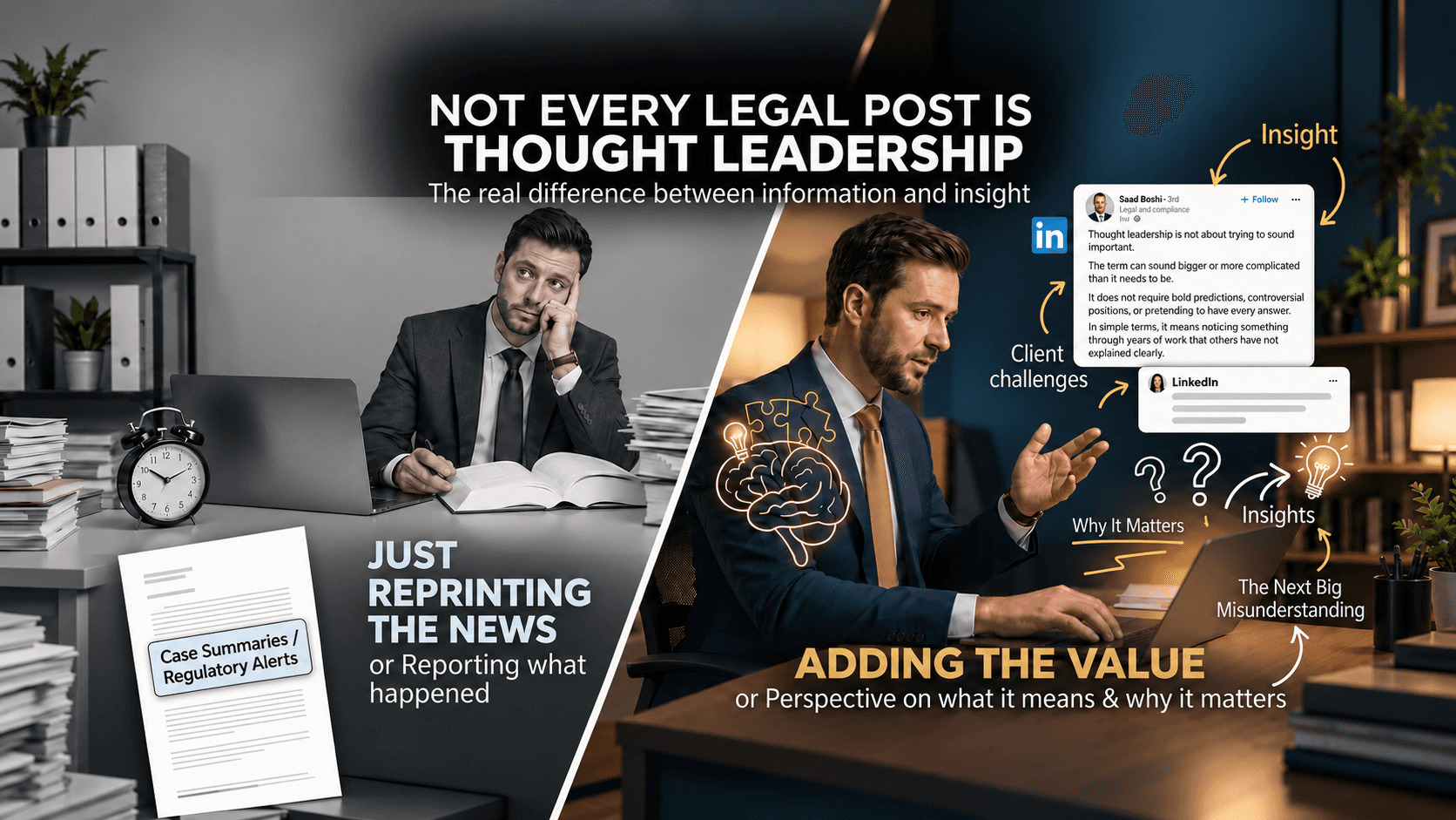 Illustration comparing legal news reporting with thought leadership, showing case summaries and regulatory alerts on one side and a lawyer adding insight, perspective and client relevance on the other.