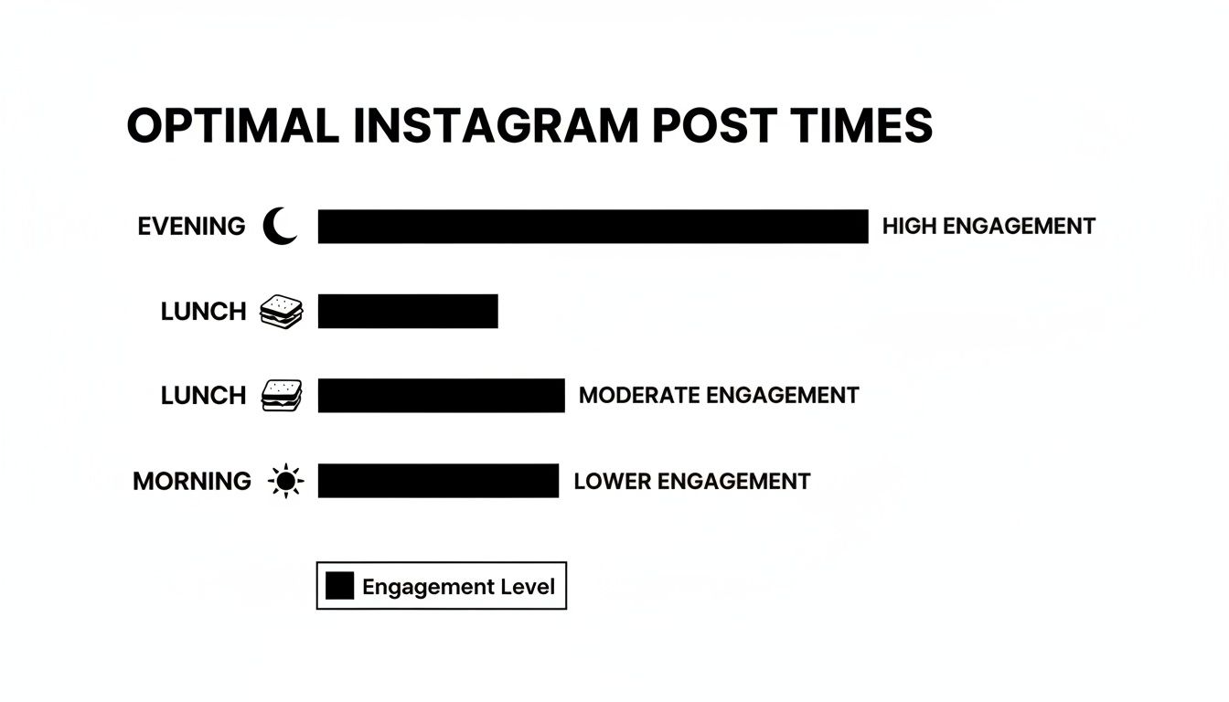 Infographic displaying Instagram post times: Evening for high, Lunch for moderate, Morning for lower engagement.