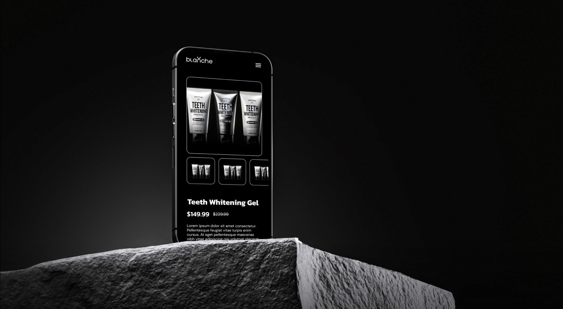 A sleek black smartphone displaying a product page for teeth whitening gel from the Blanche website. The phone is positioned on a textured stone surface with a dark background, showcasing the product image, pricing, and description on the screen.