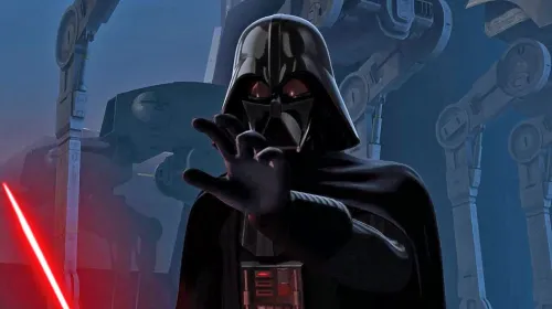 Darth Vader holding a red lightsaber with his other hand stretched out forward