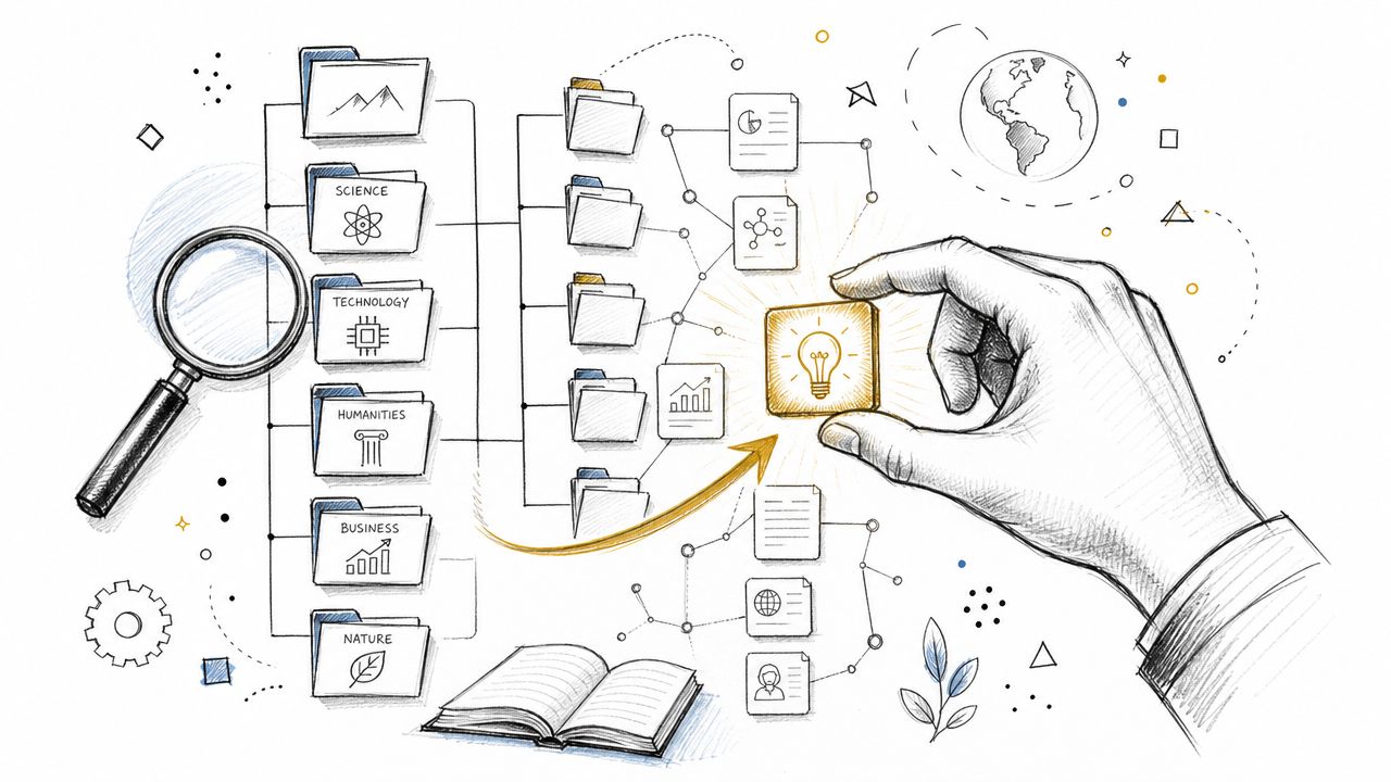 A conceptual illustration featuring a hand selecting a lightbulb icon representing research discovery and knowledge organization.