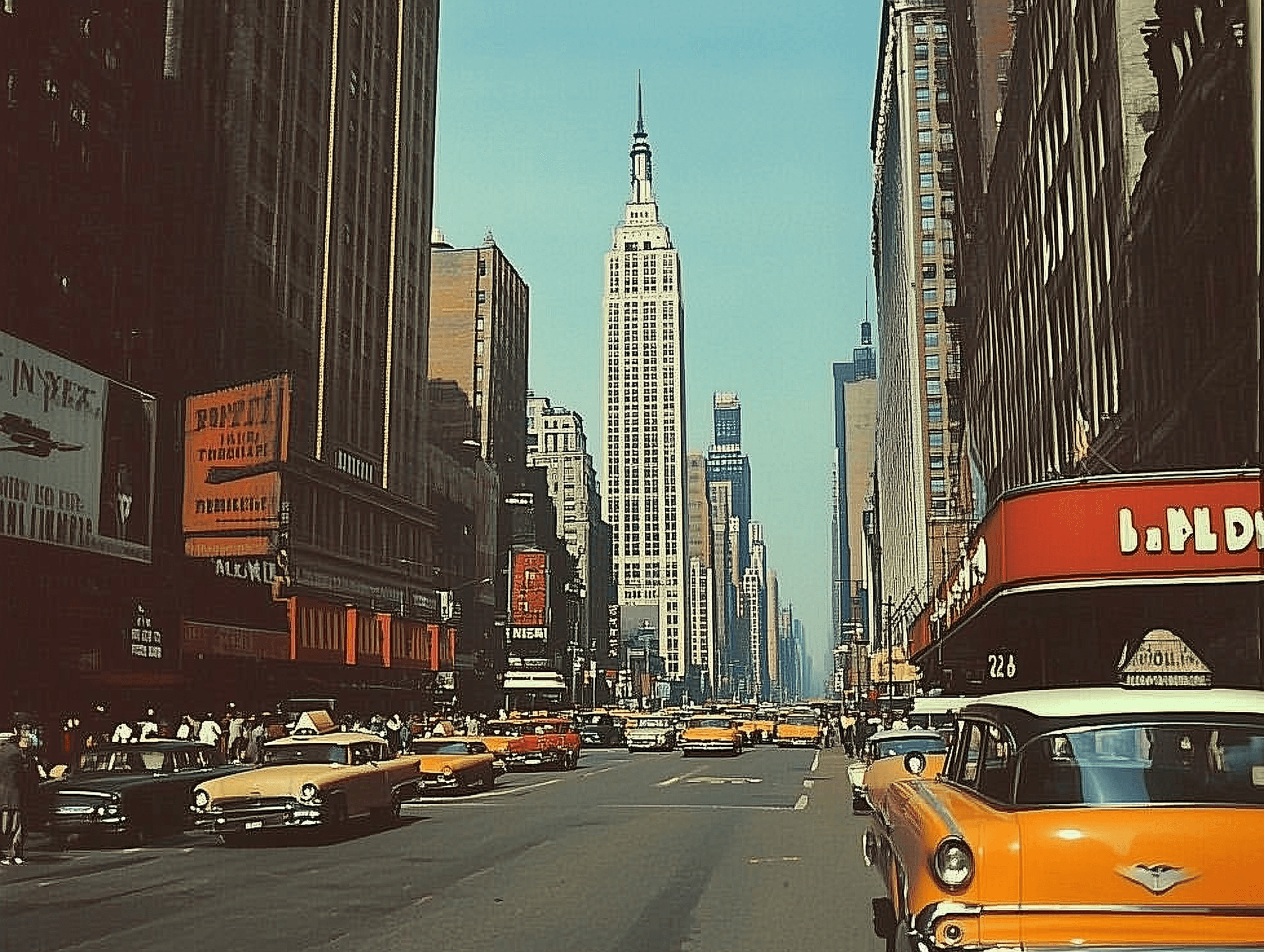 A vintage photo of the bustling streets and skyscrapers in New York City