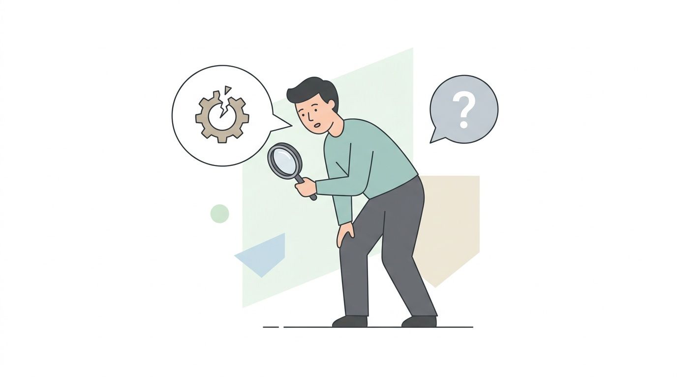 A person looking through a magnifying glass at a broken gear symbol while having a question.