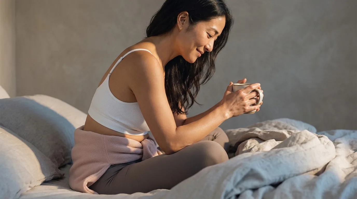 A woman sitting on a bed in soft daylight, holding a mug