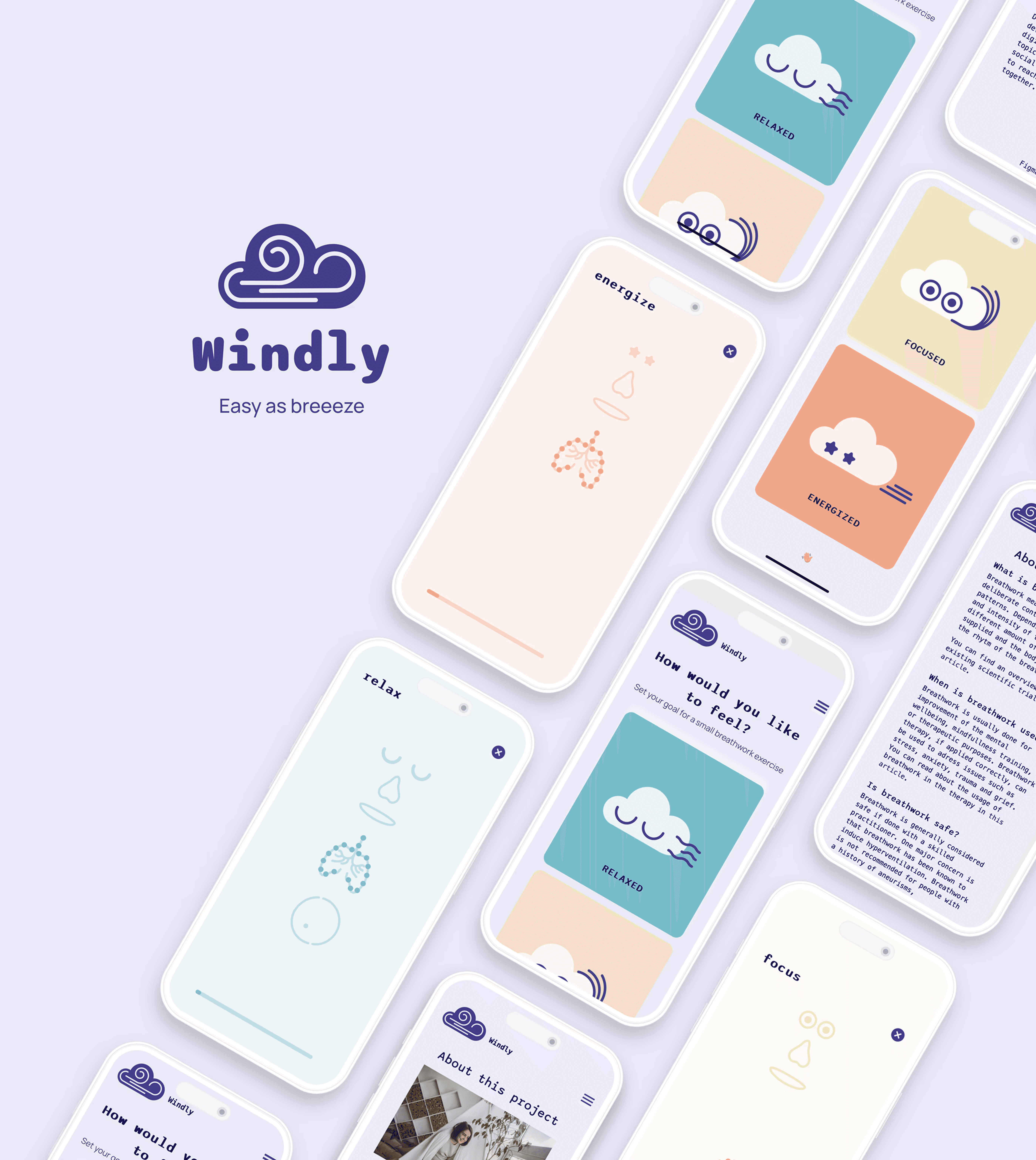 A design layout featuring various screen mockups for a breathwork app called Windy, showcasing different color themes.