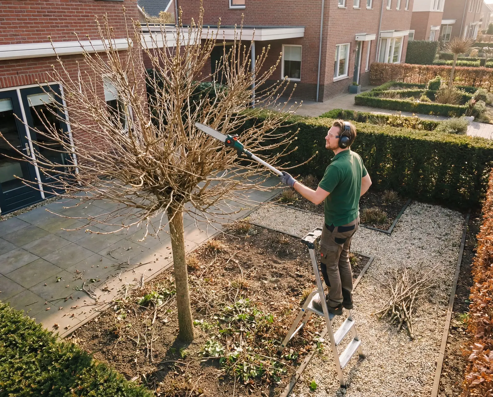 Man snoeit boom met heggenschaar op ladder in tuin bij rijtjeshuis.