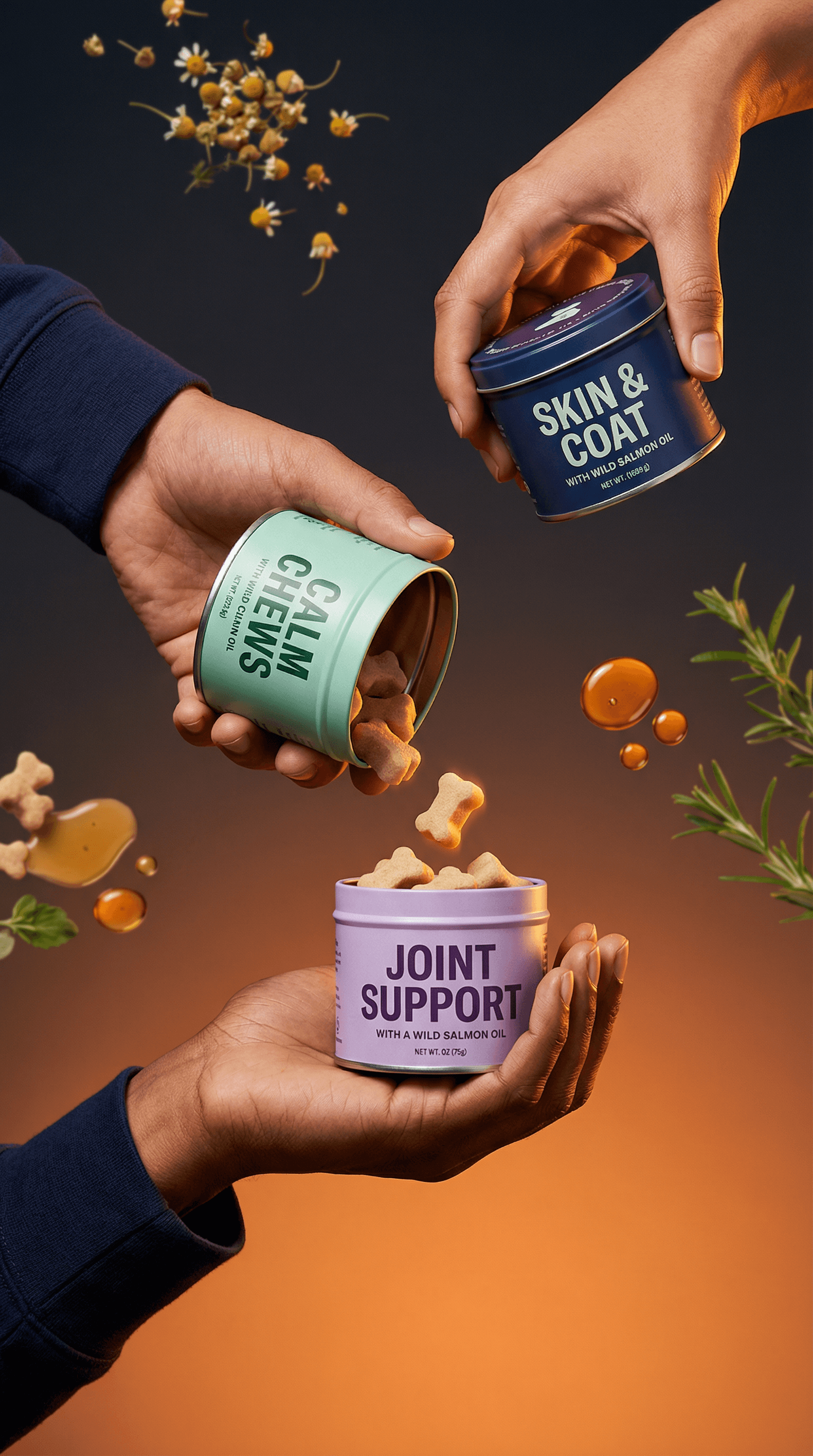 Hands holding pet supplement tins as chews pour out, labeled Calm Chews, Skin & Coat, and Joint Support