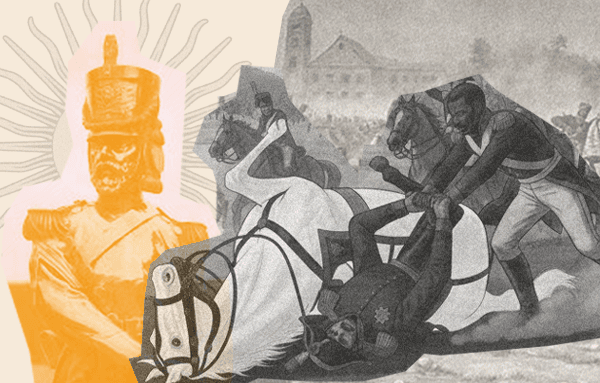 Pintura del Combate de San Lorenzo frente al Convento de San Carlos donde los Granaderos a Caballo enfrentan a las tropas realistas en medio del humo y el caos del combate.