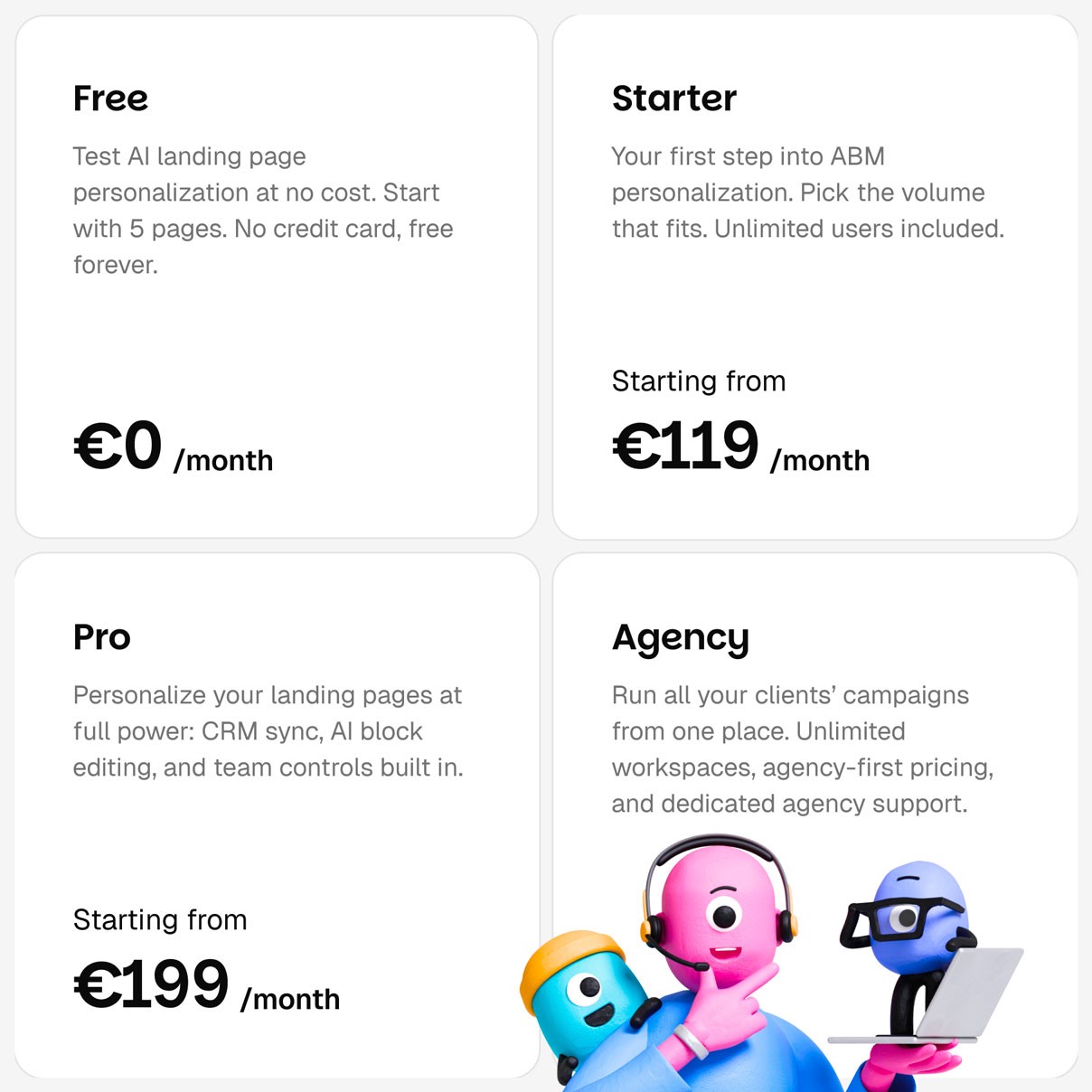 Tinct pricing overview showing three plans — Free at €0/month, Pro at €170/month, and Agency with flexible pricing — illustrated with friendly 3D mascot characters.