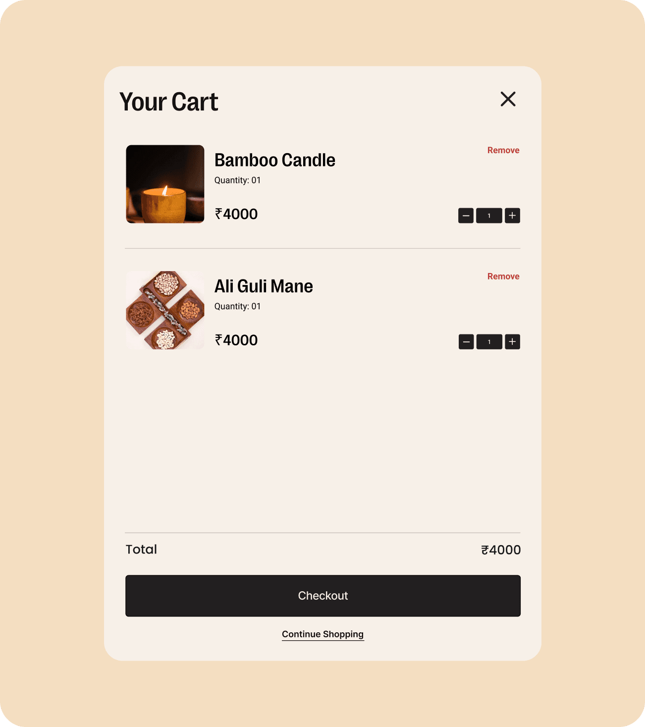 Online shopping cart with bamboo candle and Ali Guli Mane items ready for checkout.