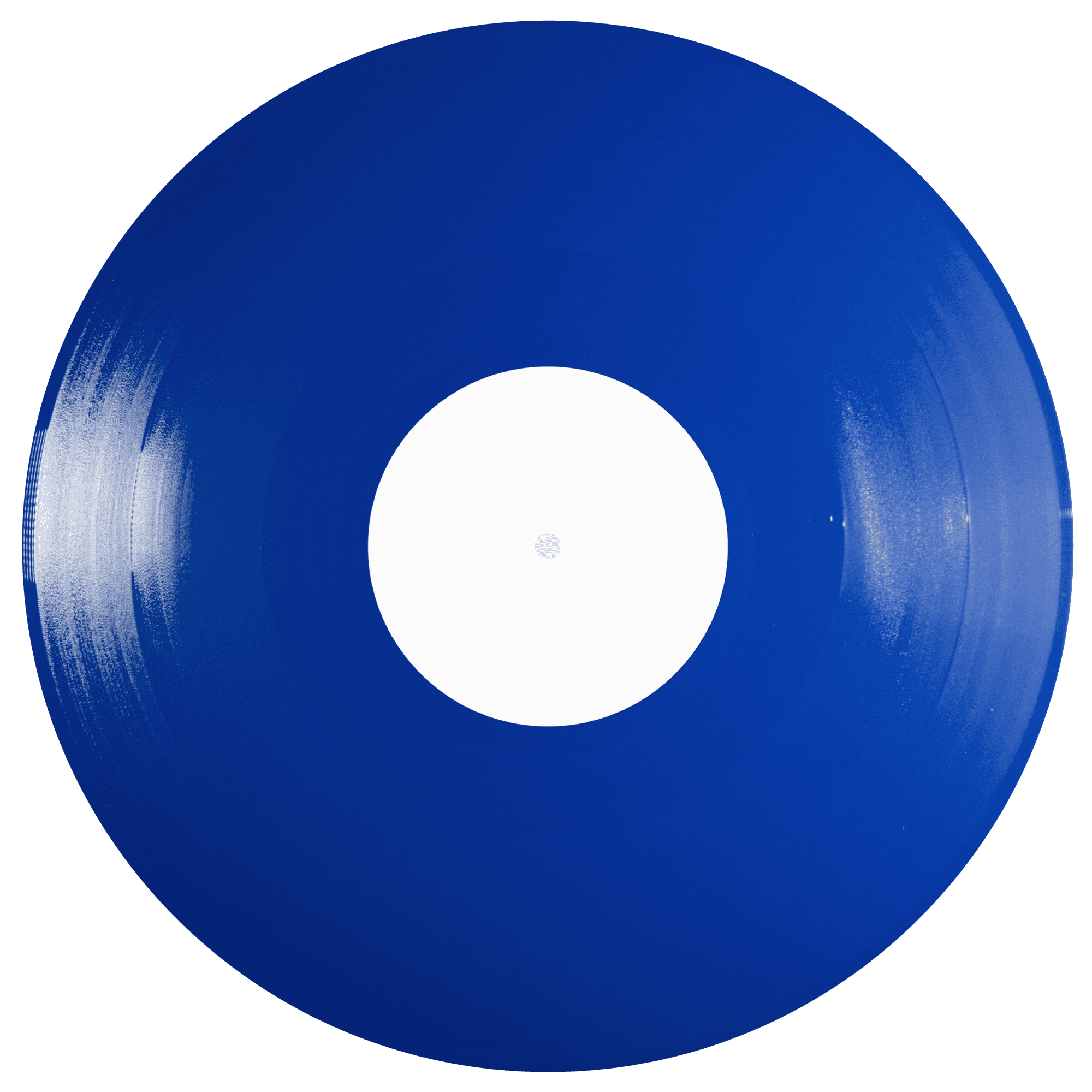Blue vinyl record with a white label on a white background