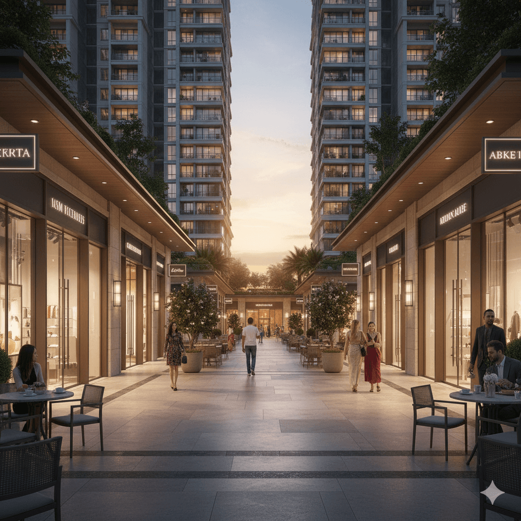 Upscale low street retail shopping area for resident convenience, luxury community Gurgaon