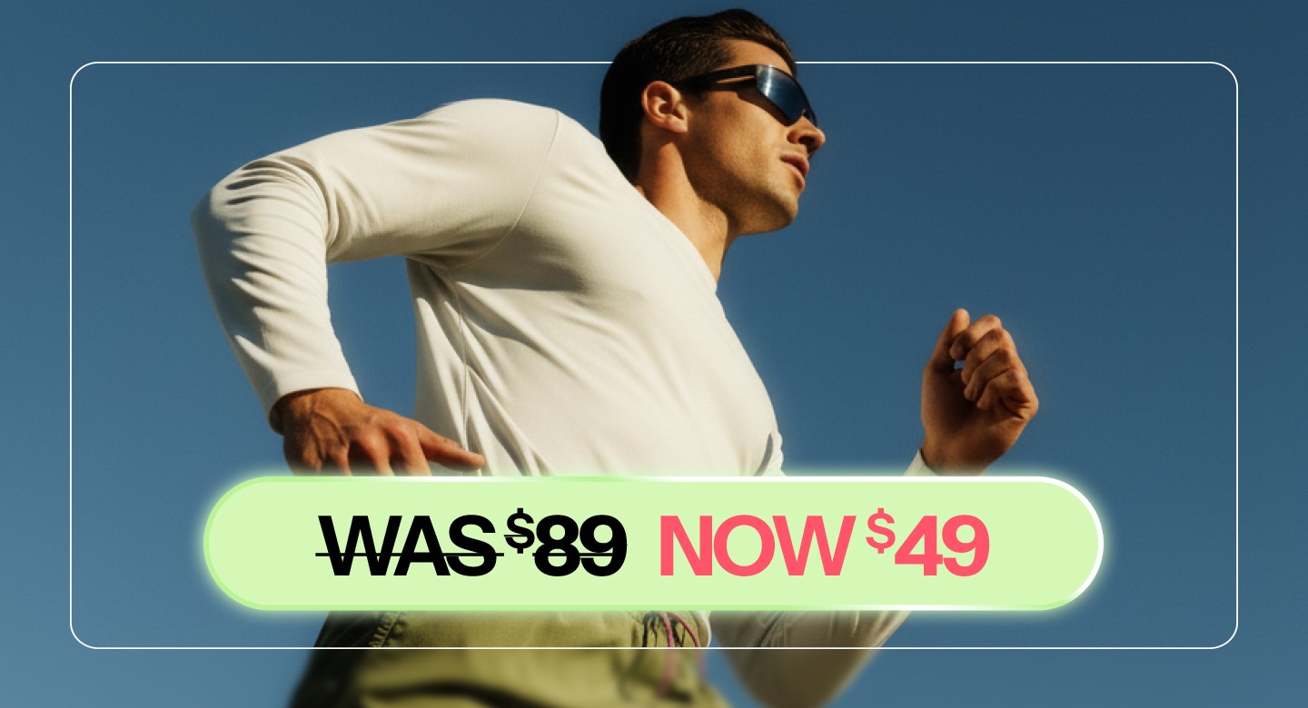 A man running with an overlay showing shopify discount price with strikethrough
