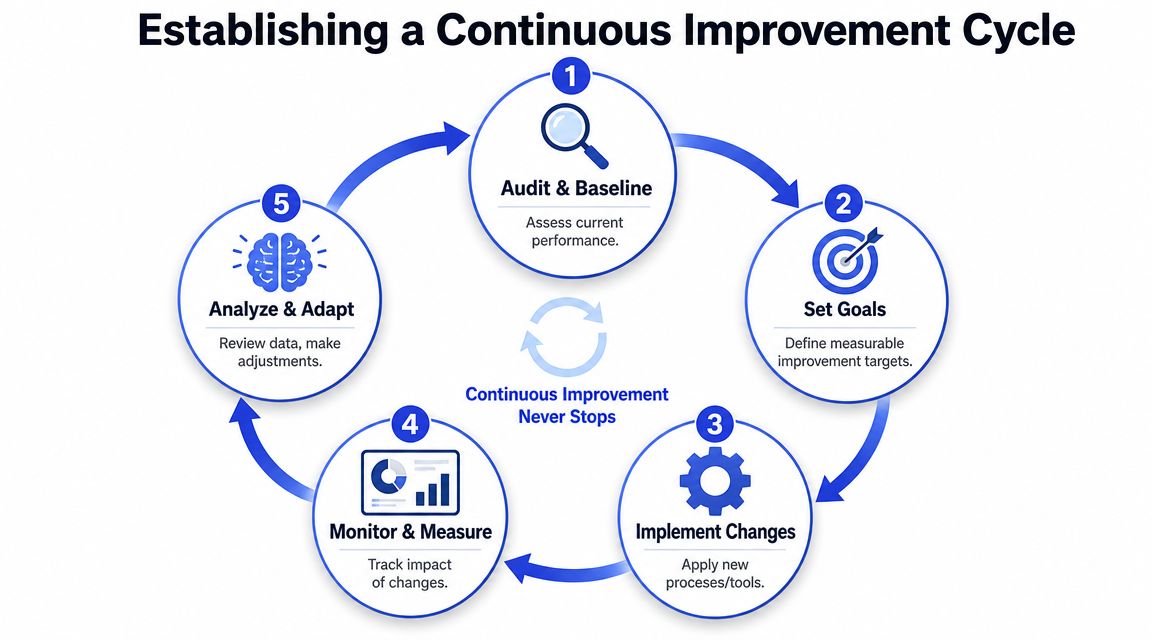 A five-step diagram showing a circular process for continuous improvement in business operations and workflows.