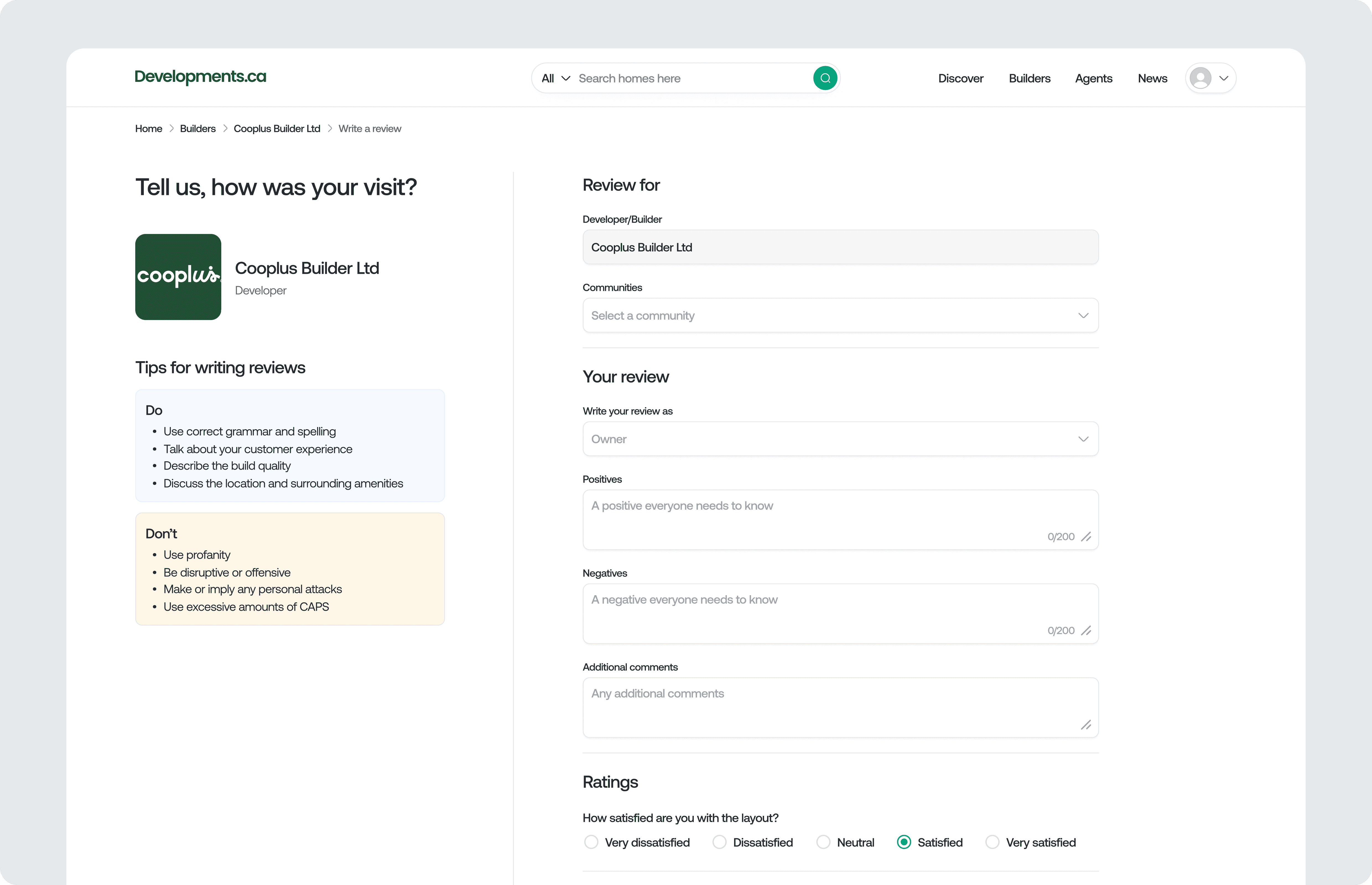 Review submission page allowing users to rate builder experience, provide feedback, and evaluate layout, build quality, and customer service.