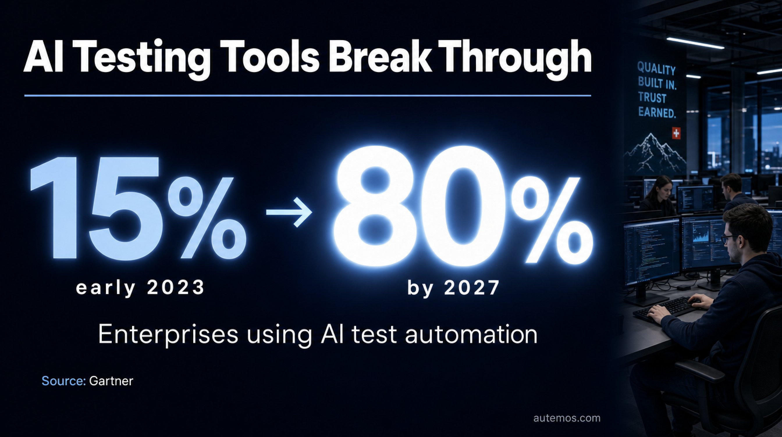 Gartner forecast: share of enterprises using AI test automation grows from about 15 percent in early 2023 to about 80 percent by 2027.