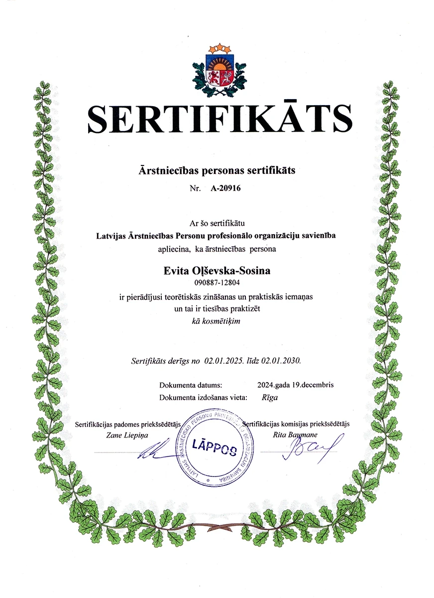 Ārstniecības personas sertifikāts Evitai Oļševskai-Sosinai kosmētiķa specialitātē