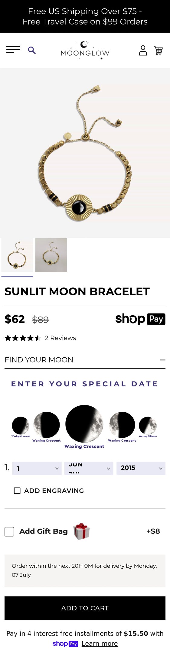 Jewelry product options include: bracelet, pendant for Sunlit Moon Bracelet from Moonglow Jewelry.