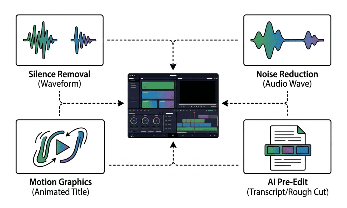 Flat illustration of the Final Cut Pro interface surrounded by plugin category icons for silence removal, noise reduction, motion graphics, and AI pre-editing, representing the best FCP plugin stack for long-form editors in 2026.