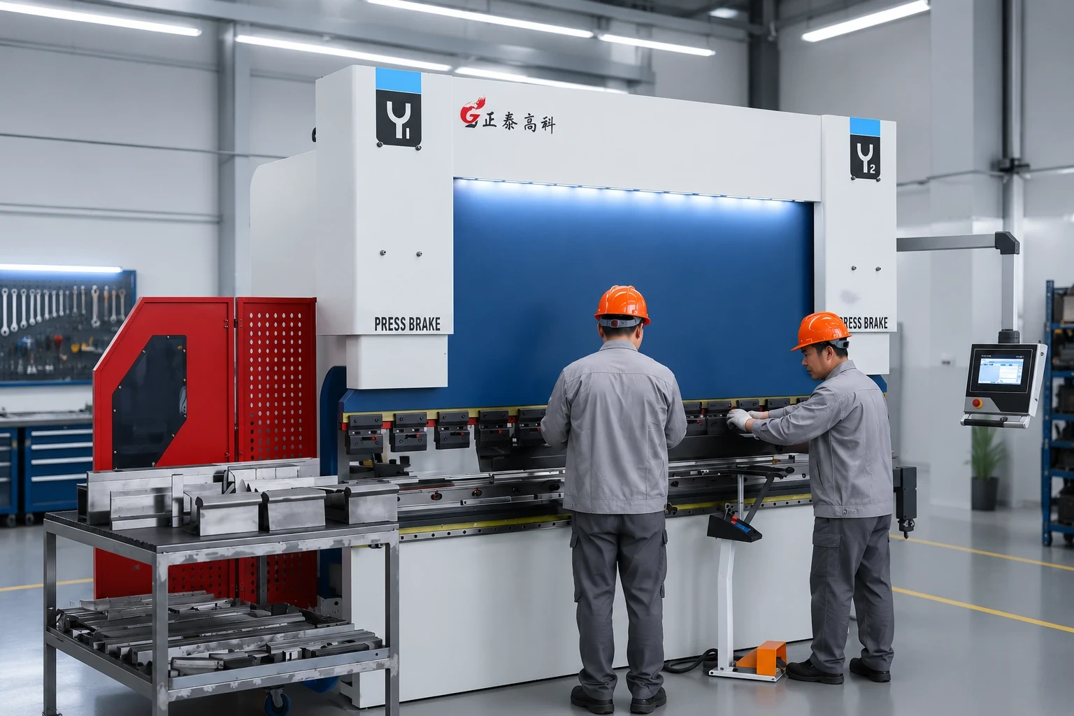 Workers operating CNC machinery in a professional lift equipment manufacturing facility in China